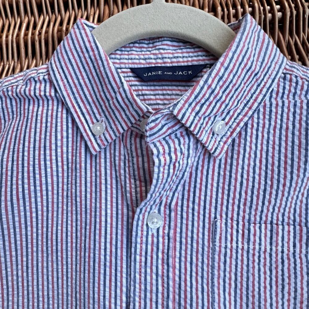 JANIE & JACK Striped Seersucker Shirt Boys 6 NWT Button Down July 4th Americana - Picture 3 of 6